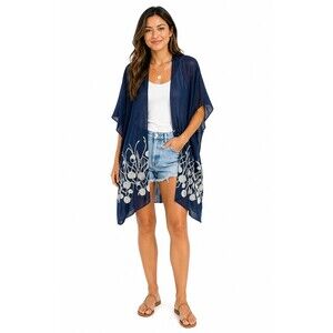 Kimono Cardigan Navy Sheer 2-in-1 Cover Up Embroidered Floral Oversized OS NWT